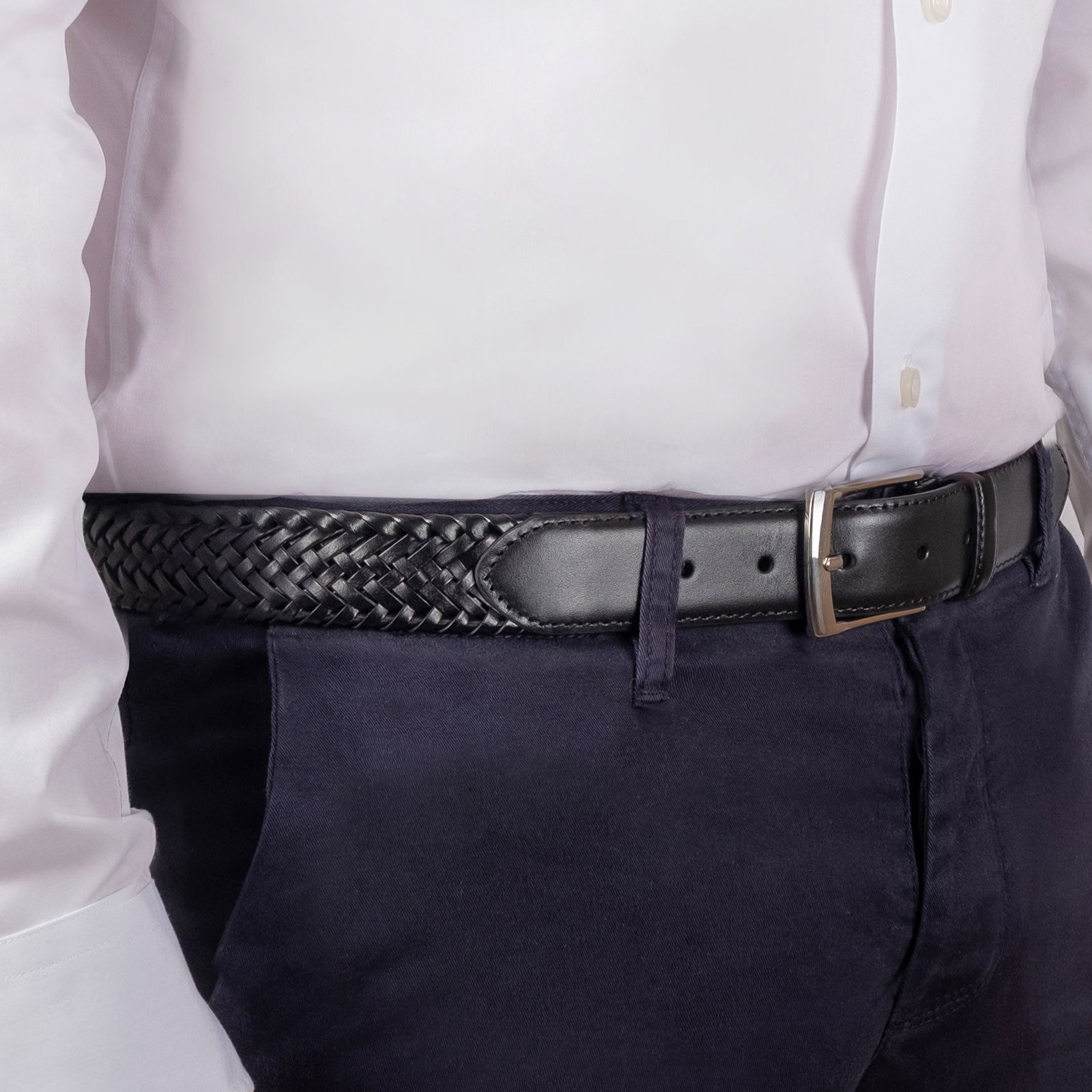 Man wearing woven leather belt in black