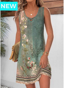 Sage Green Floral Print Short Tummy Coverage Sleeveless Dress