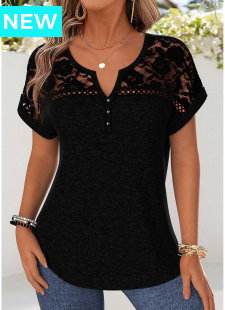 Black Patchwork Short Sleeve Split Neck Blouse