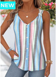 Multi Color Curved Hem Sleeveless V Neck Tank Top