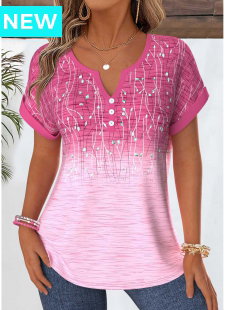 Pink Ombre Tummy Coverage Short Sleeve Split Neck Blouse