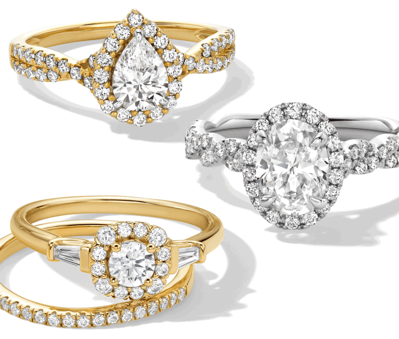 Assorted diamond engagement rings in white and yellow metal, featuring round and oval stones with halo and pavé bands.