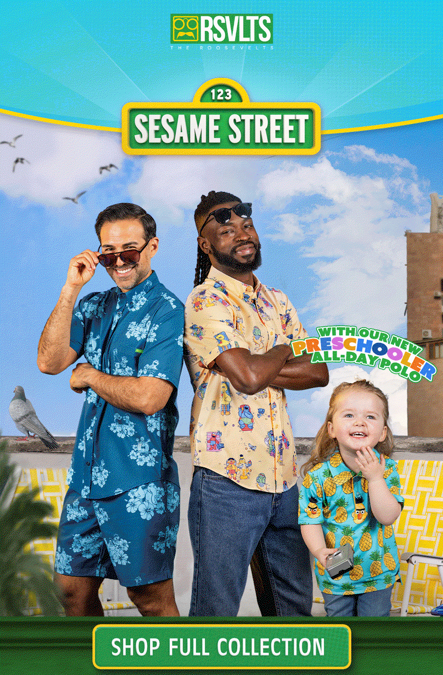 Rotation of men and kids wearing shirts from Sesame Street x RSVLTS Collection