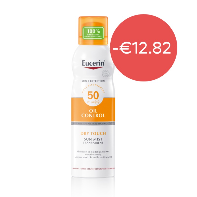 Eucerin Oil Control Dry Touch Sun Mist SPF 50 bottle with orange cap and red -€12.82 discount badge