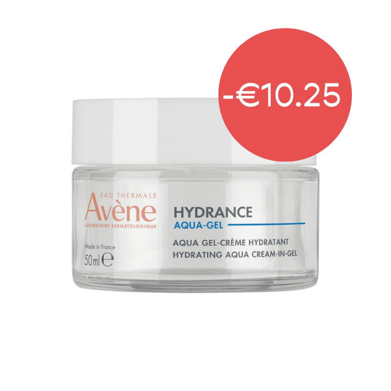 Jar of Avène Hydrance Aqua-Gel hydrating face cream 50ml with red discount badge showing -€10.25