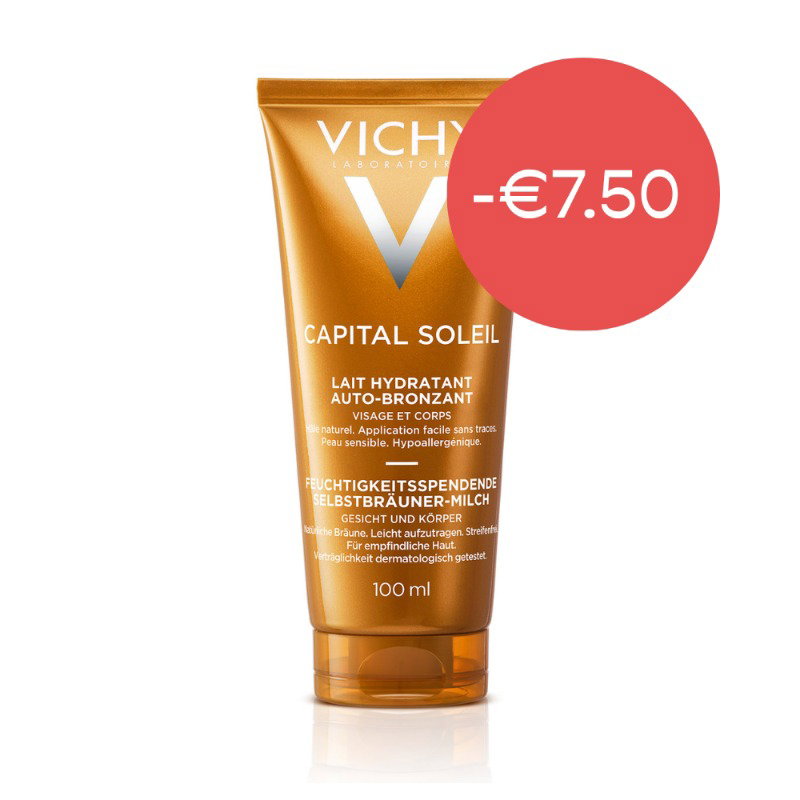 Vichy Capital Soleil 100 ml hydrating self-tanning milk for face and body in gold tube with red -€7.50 discount badge