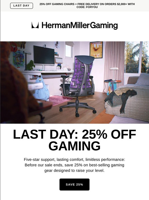 Last day: 25% off gaming chairs—including Embody