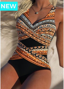 Black Surplice Tribal Print One Piece Swimwear