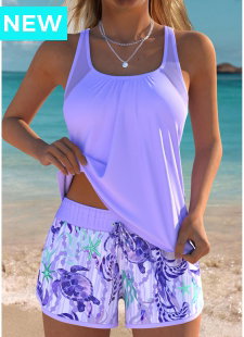 Tummy Coverage Light Purple Marine Life Print Tankini Set