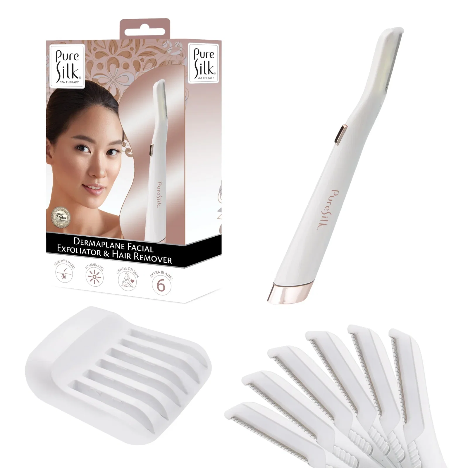 Image of Pure Silk Dermaplaning Tool, Facial Exfoliator & Hair Remover for Women, Battery Operated Dermaplane Razor with Built in LED Light and 6 Replacement Heads, Peach Fuzz Remover, White