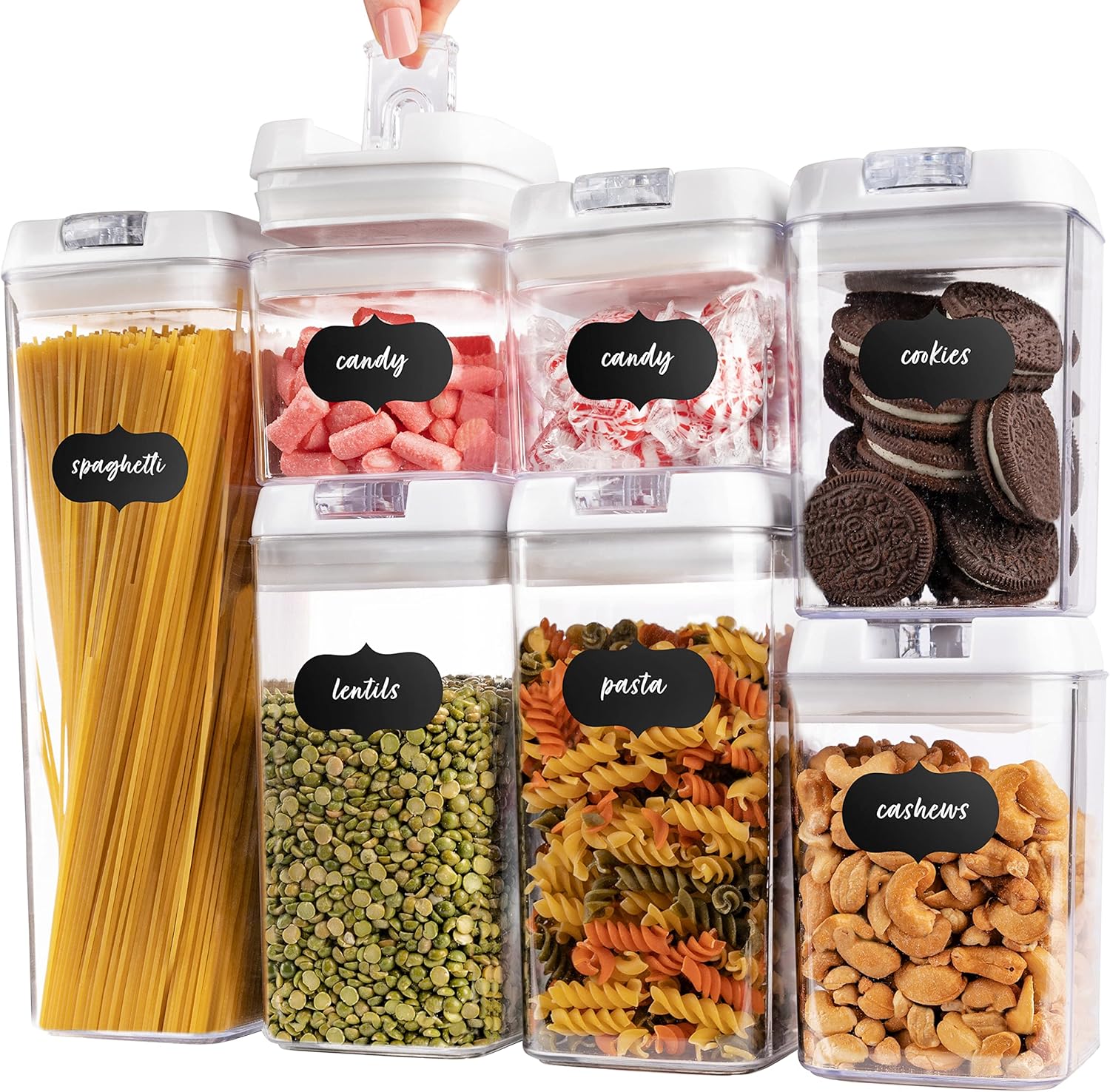 Image of Oizeir Airtight Food Storage Containers, Clear Plastic, Lid Lock, Reusable Stickers, Various Sizes, BPA Free, Perfect Dry Food Storage Organization for Kitchen and Pantry, (Set of 7)