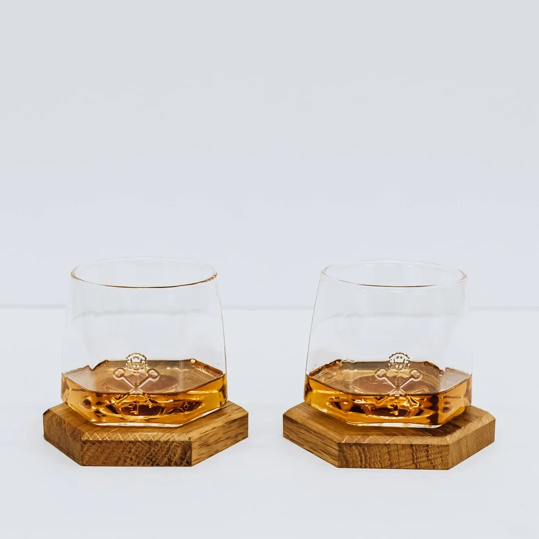 Image of Pappy & Company Spinning Glass Set with Barrel Stave Coasters