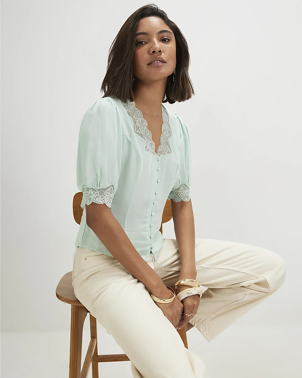 Green Lace Trim Blouse