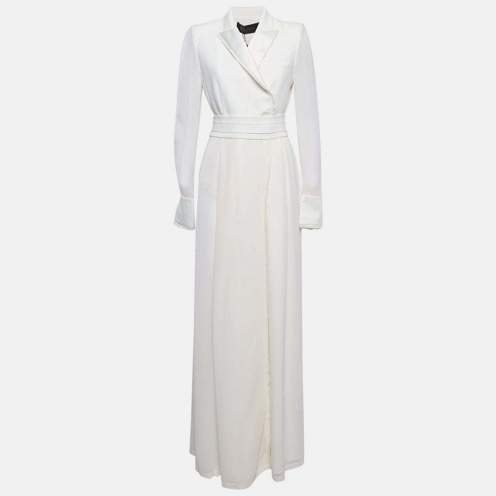 White Satin and Silk Fringed Long Sleeve Maxi Dress M