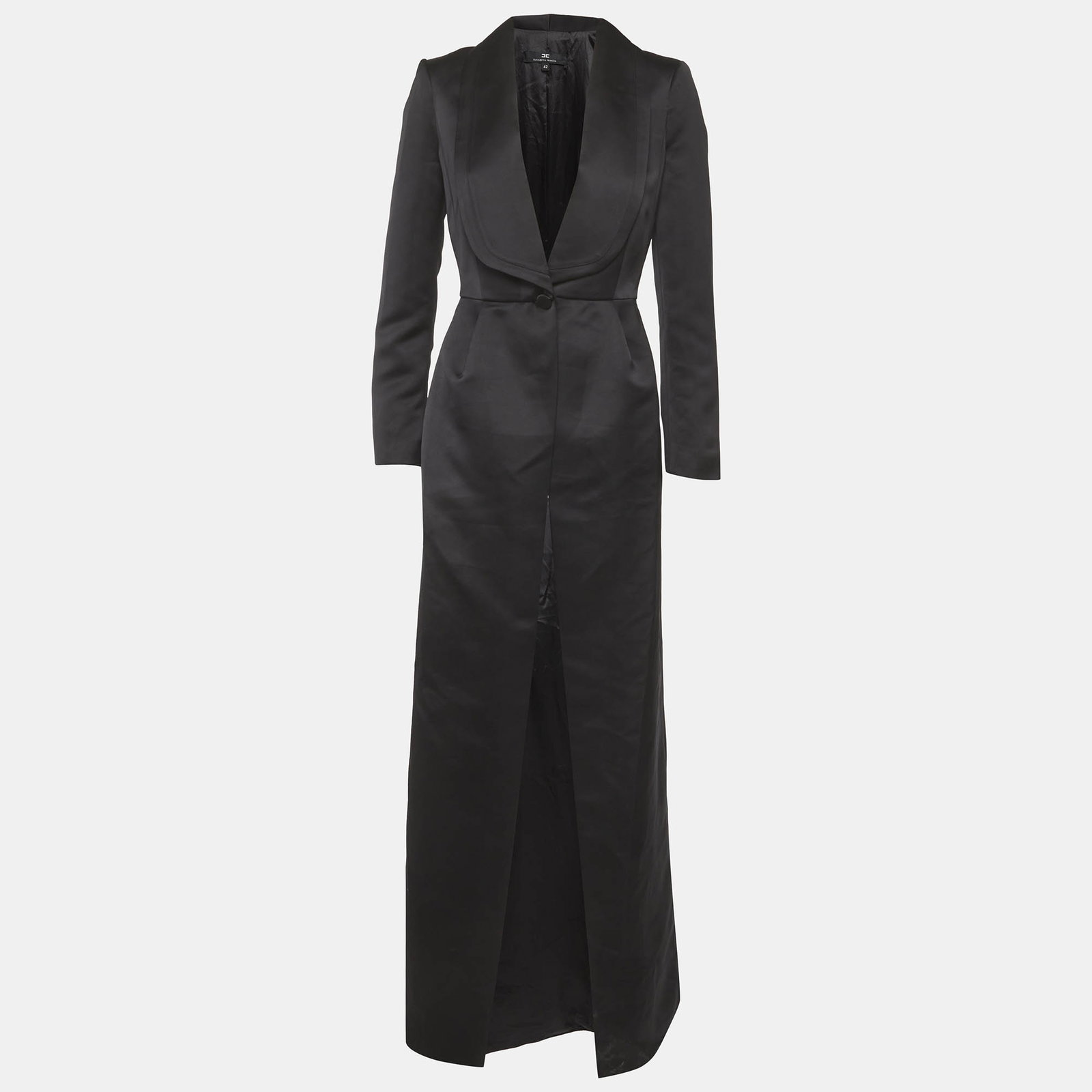 Black Satin Shawl Collar Long Coat M