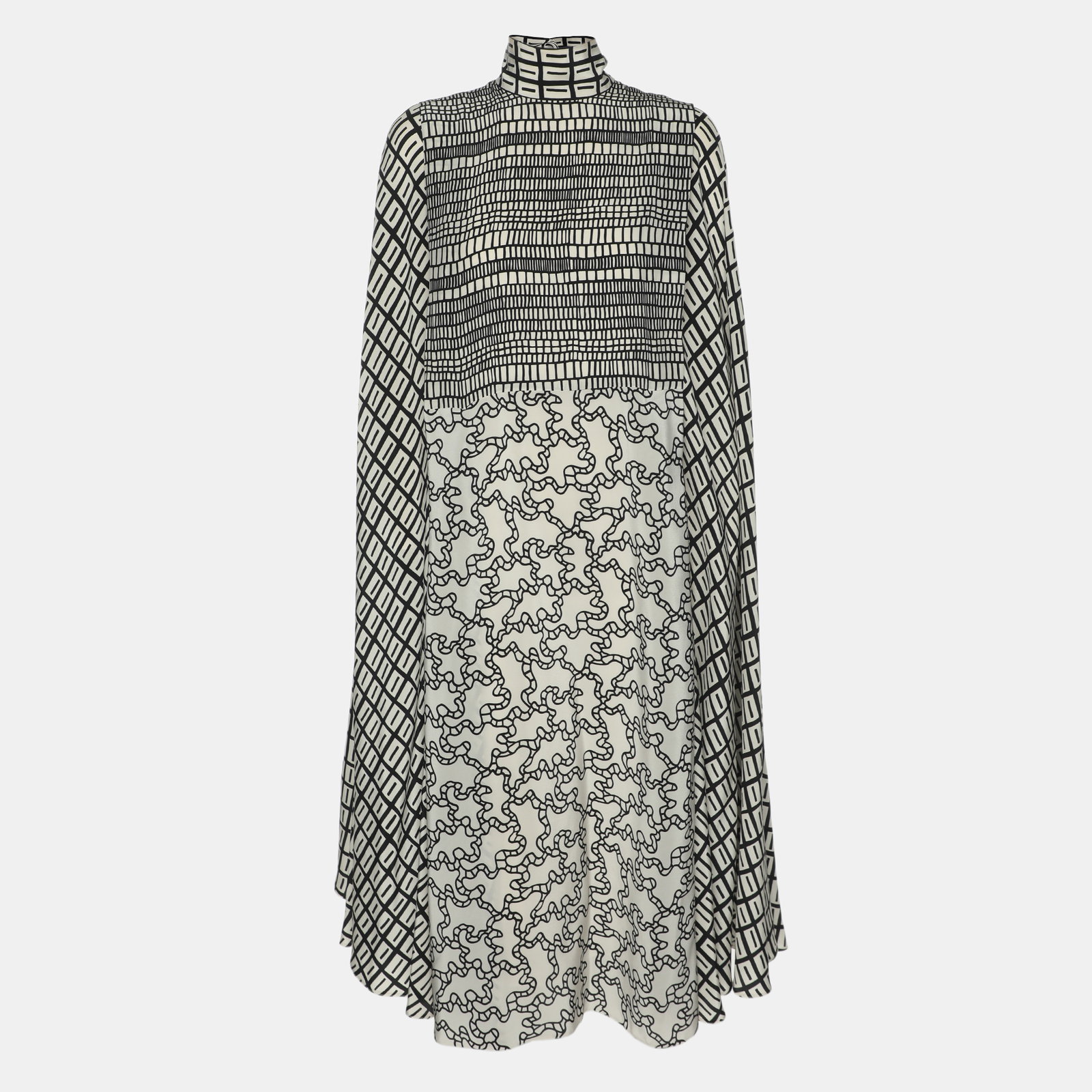 Black/White Printed Silk Blend Kaftan Dress XS