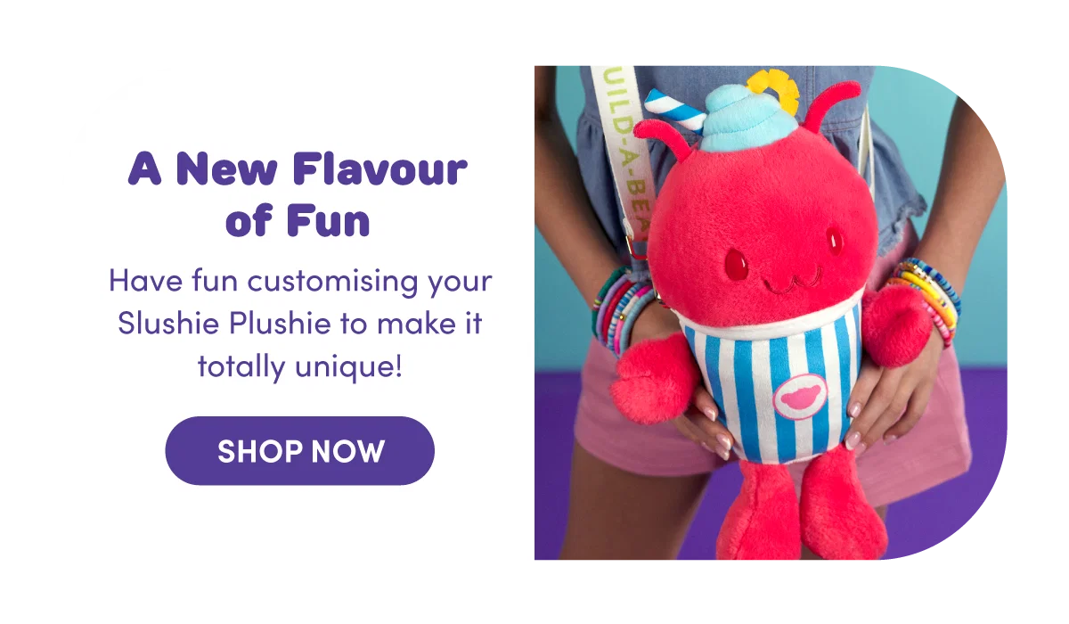  A New Flavour of Fun, Have fun customizing your Slushie Plushie to make it totally unique!, and a purple Shop Now button, and the right side showing a person holding a bright red Slushie Plushie lobster in a blue‑and‑white striped body with a smiling face, whipped topping, straw, and colorful accents, set against a teal and purple background highlighting playful, personalized plush fun.