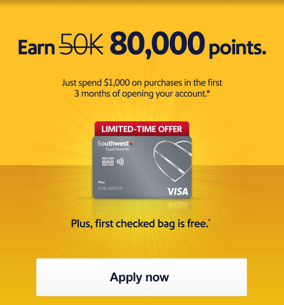 Earn [50,000 strikethrough] 80,000 points. Plus, first checked bag is free. * [Learn more] Offer ends 7/1/2026. Terms apply.