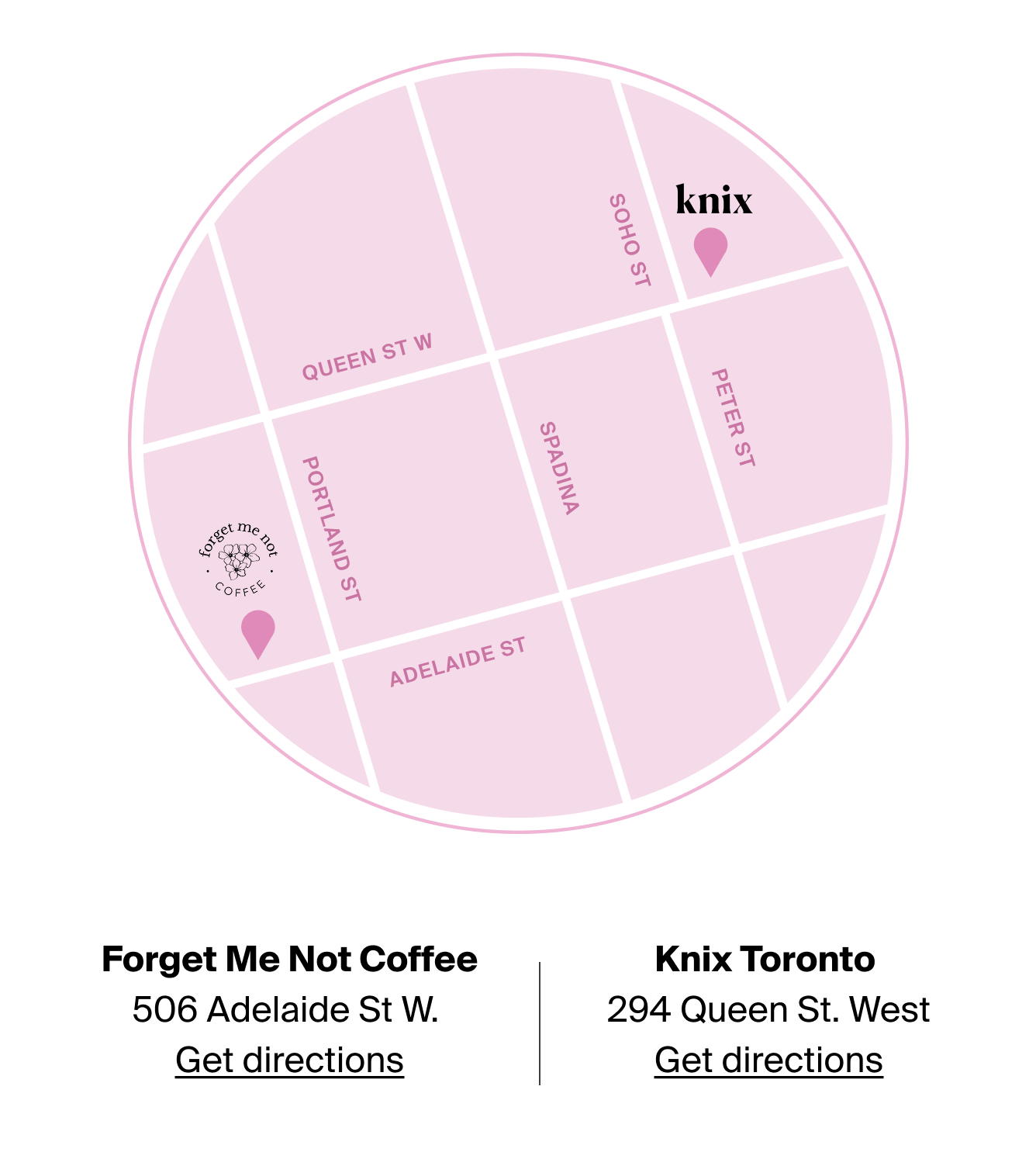 Forget Me Not Coffee 506 Adelaide St W.  Get directions  Knix Toronto  294 Queen St. West Get directions