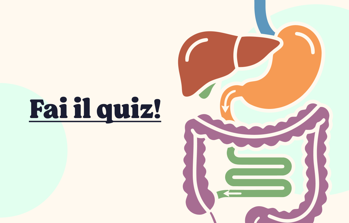 Colourful illustration of liver, stomach and intestines with Italian text 'Fai il quiz!' inviting users to take a digestive health quiz