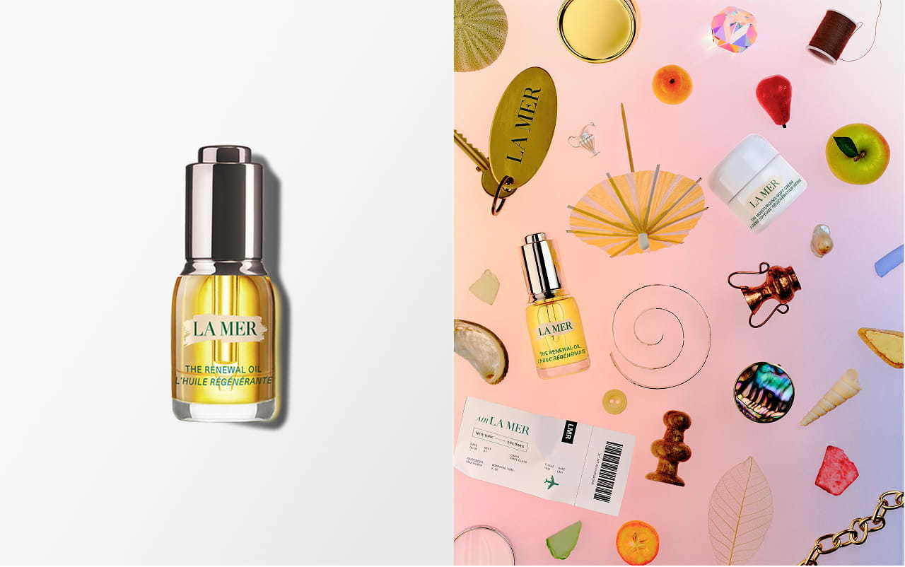 Bottle of The Renewal Oil on a light grey background in the left section, and a collection of travel items and products on a light pink-orange gradient in the right section.