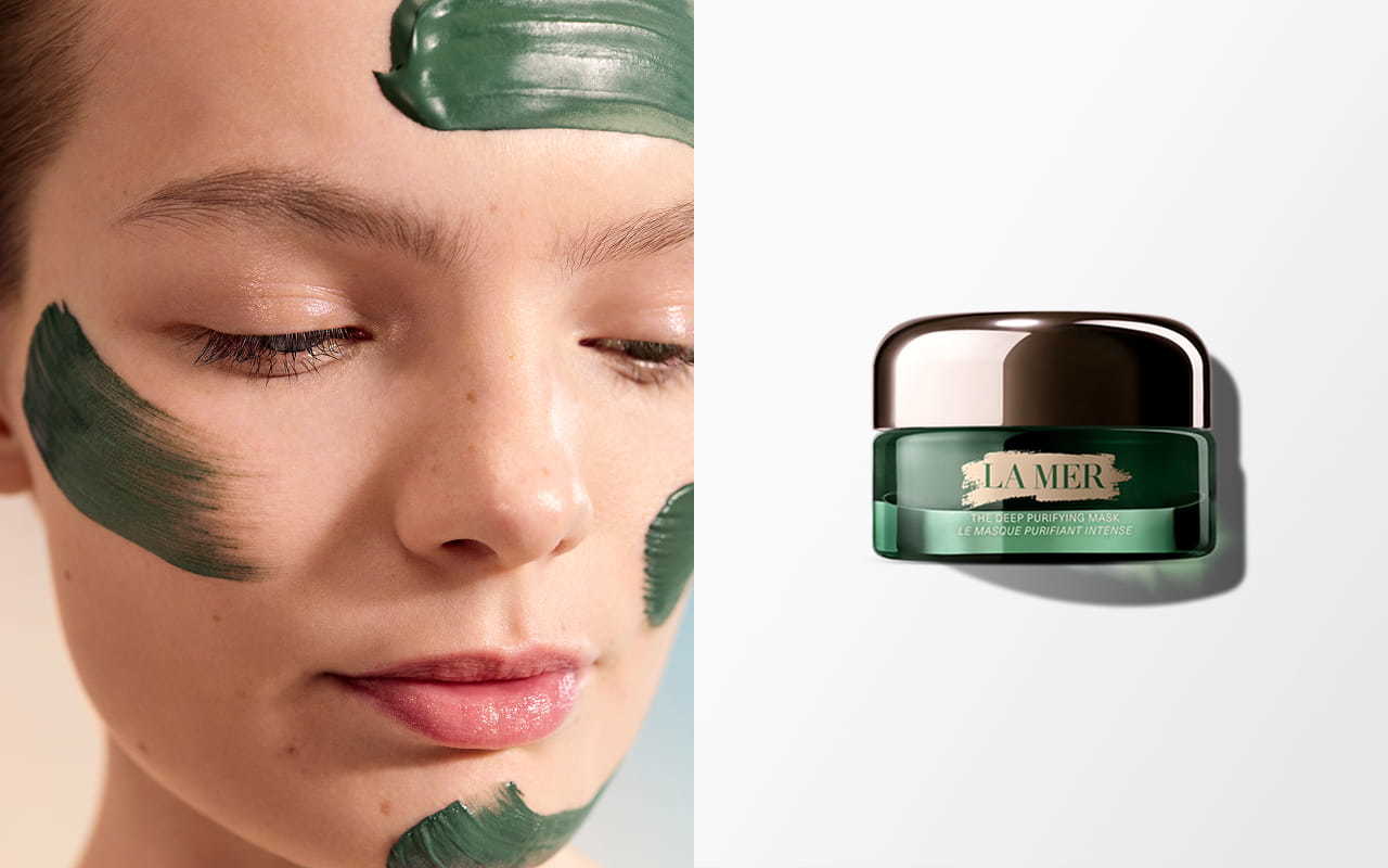 In the left section, a close-up of a person's face with smears of The Deep Purifying Mask cream applied. In the right section, a jar of The Deep Purifying Mask on a light grey background.