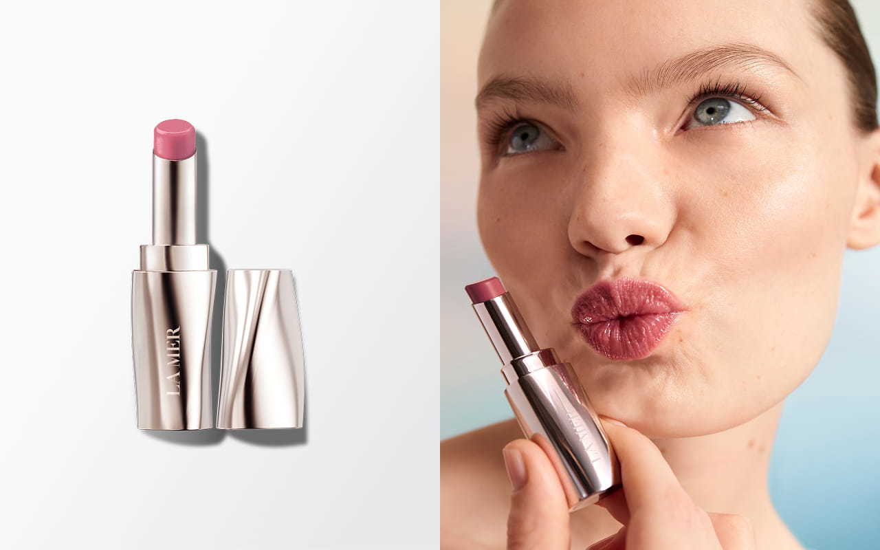 Open tube of The Lip Treatment lipstick on a light grey background in the left section, and a person applying it to their puckered lips in the right section.