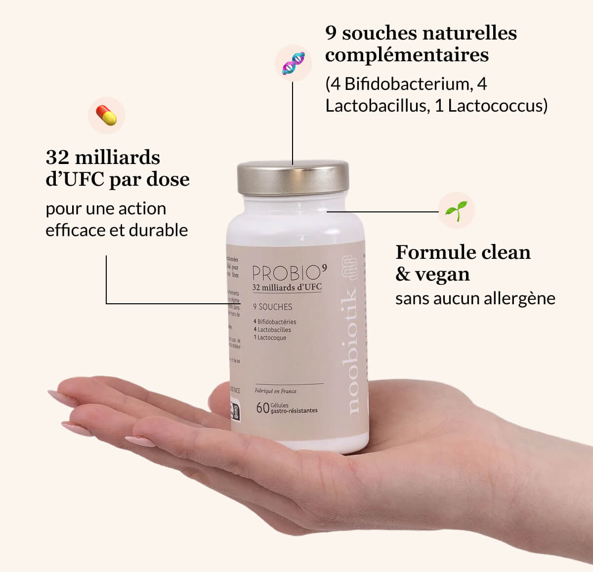 9 souches naturelles complémentaires (4 Bifidobacterium, 4 Lactobacillus, 1 Lactococcus) 32 milliards d’UFC par dose pour une action efficace et durable Formule clean & vegan sans aucun allergène