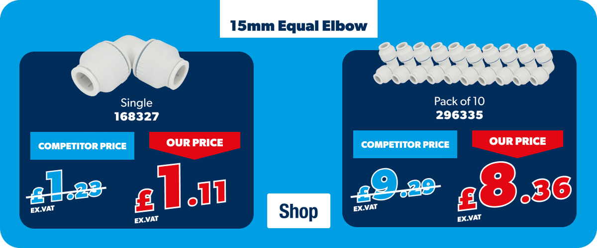 15mm equal elbow | £1.11 Ex. VAT for one, or £8.36 Ex. VAT for pack of 10