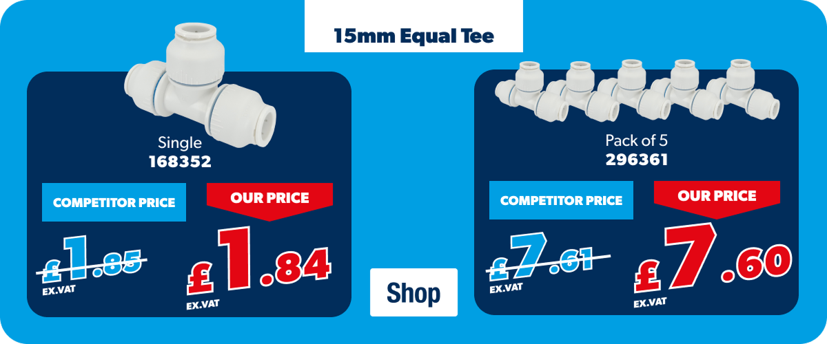 15mm equal tee | £1.84 Ex. VAT for one, or £7.60 Ex. VAT for pack of 10
