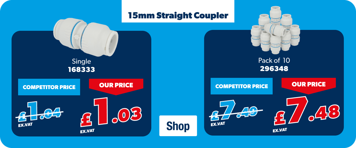 15mm straight coupler | £1.03 Ex. VAT for one, or £7.48 Ex. VAT for pack of 10