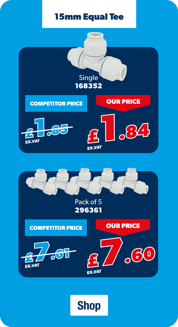 15mm equal tee | £1.84 Ex. VAT for one, or £7.60 Ex. VAT for pack of 10