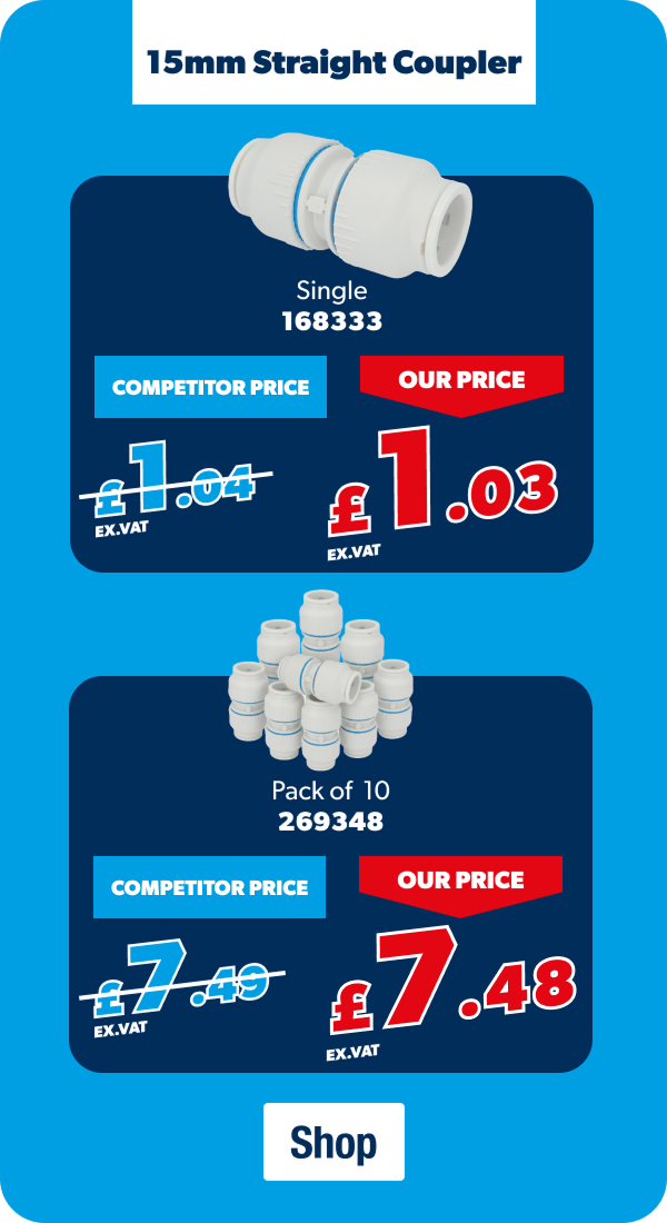 15mm straight coupler | £1.03 Ex. VAT for one, or £7.48 Ex. VAT for pack of 10