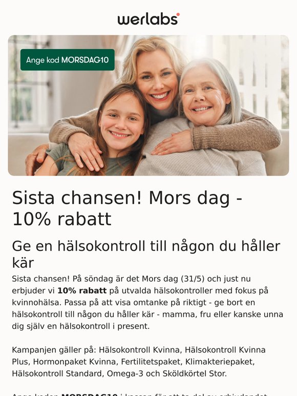Sista chansen! Mors dag - 10% rabatt på hälsokontroller med fokus på kvinnohälsa.
