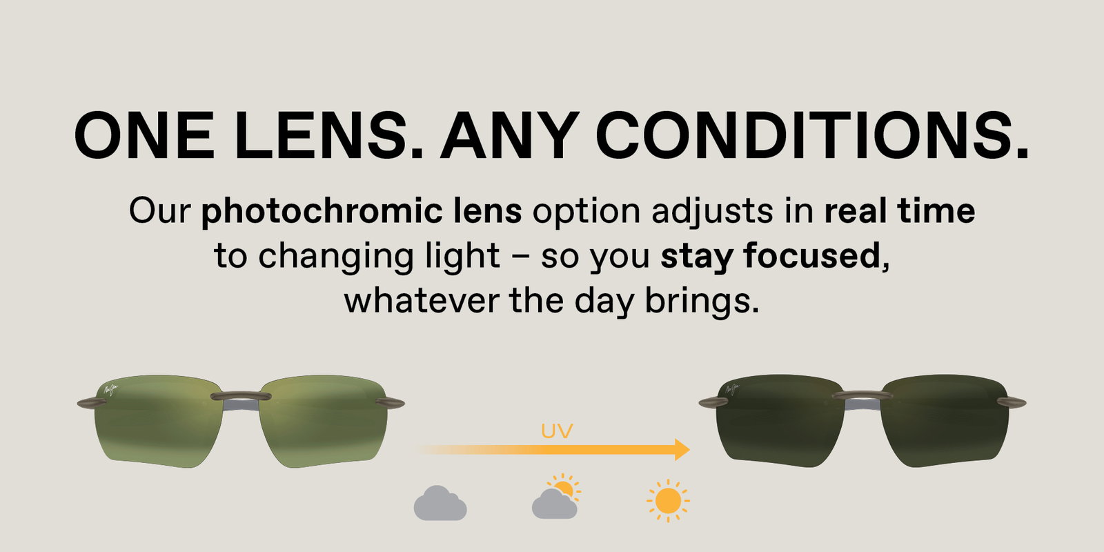 ONE LENS,  ANY CONDITIONS. Our photochromatic lens options adjusts in real time to changing light - so you stay focused, whatever the day brings.