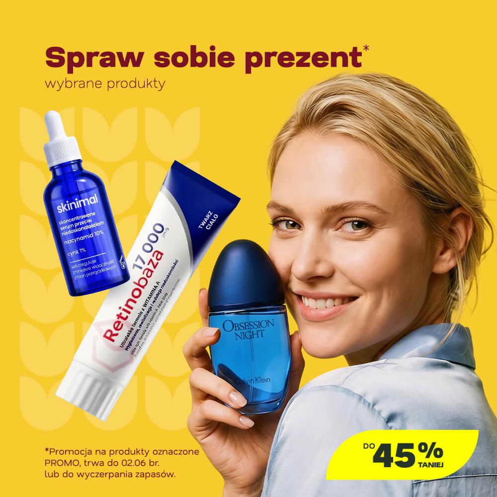 Smiling woman holding blue Obsession Night perfume beside Retinobaza tube and Skinimal serum on yellow promotional background, up to 45% off