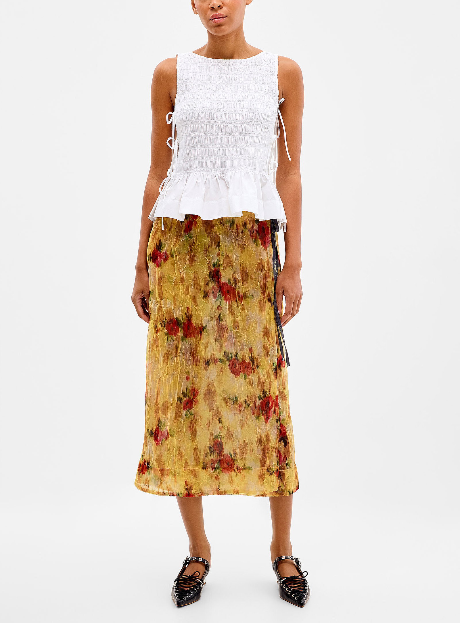 Floral patchwork wraparound midi skirt