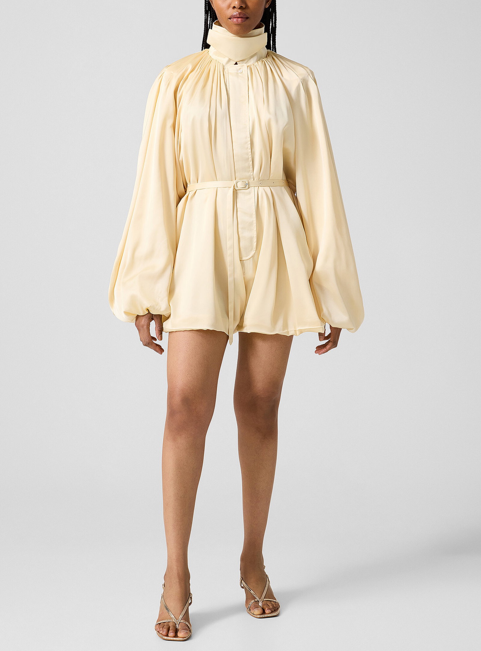 Puff sleeves satin draped romper