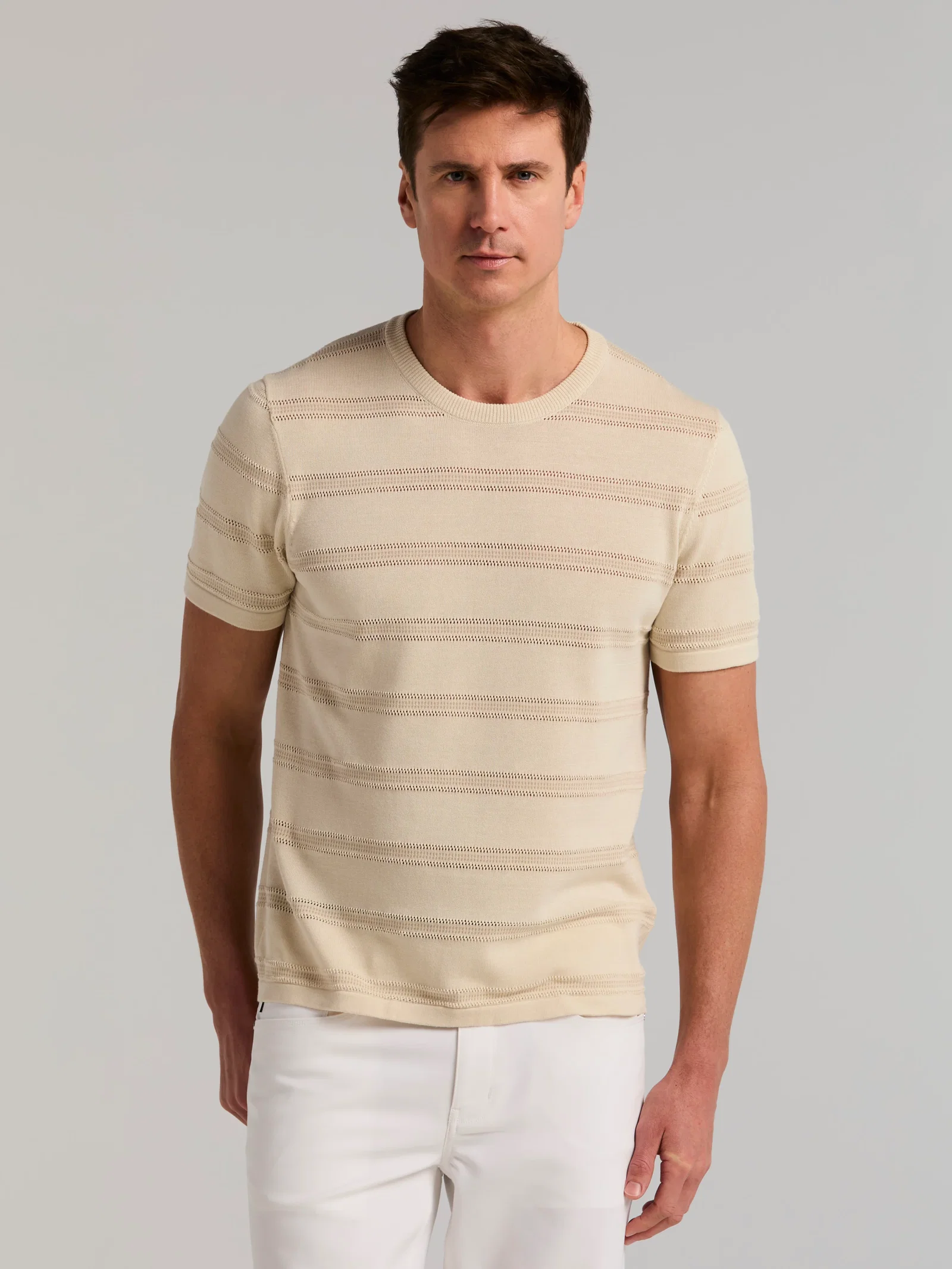 Cotton Mesh Striped Crew Neck Sweater Tee
