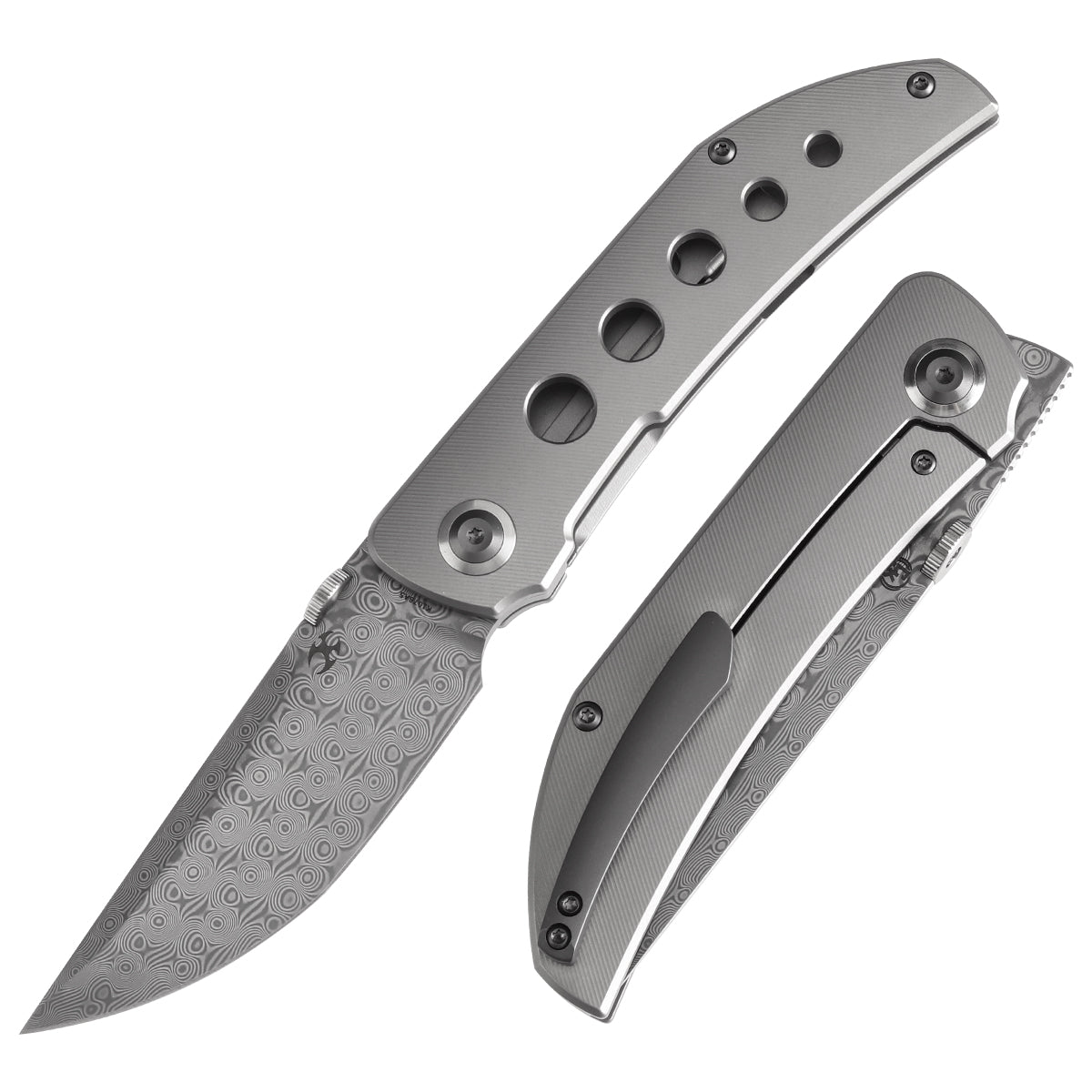Image of KANSEPT TARKIN K1078A5 KNIFE 3.42" Damascus BLADE, BEAD BLASED TITANIUM HANDLE W/ HOLES