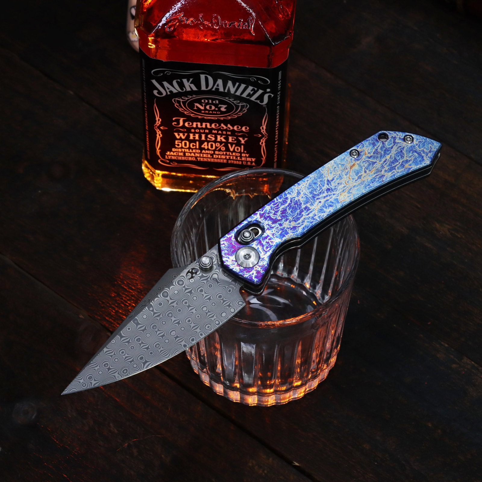 Image of KANSEPT FENRIR K1034V10 KNIFE 3.28" Damascus LIGHTNING FINISH BLADE LIGHTNING TITANIUM HANDLE