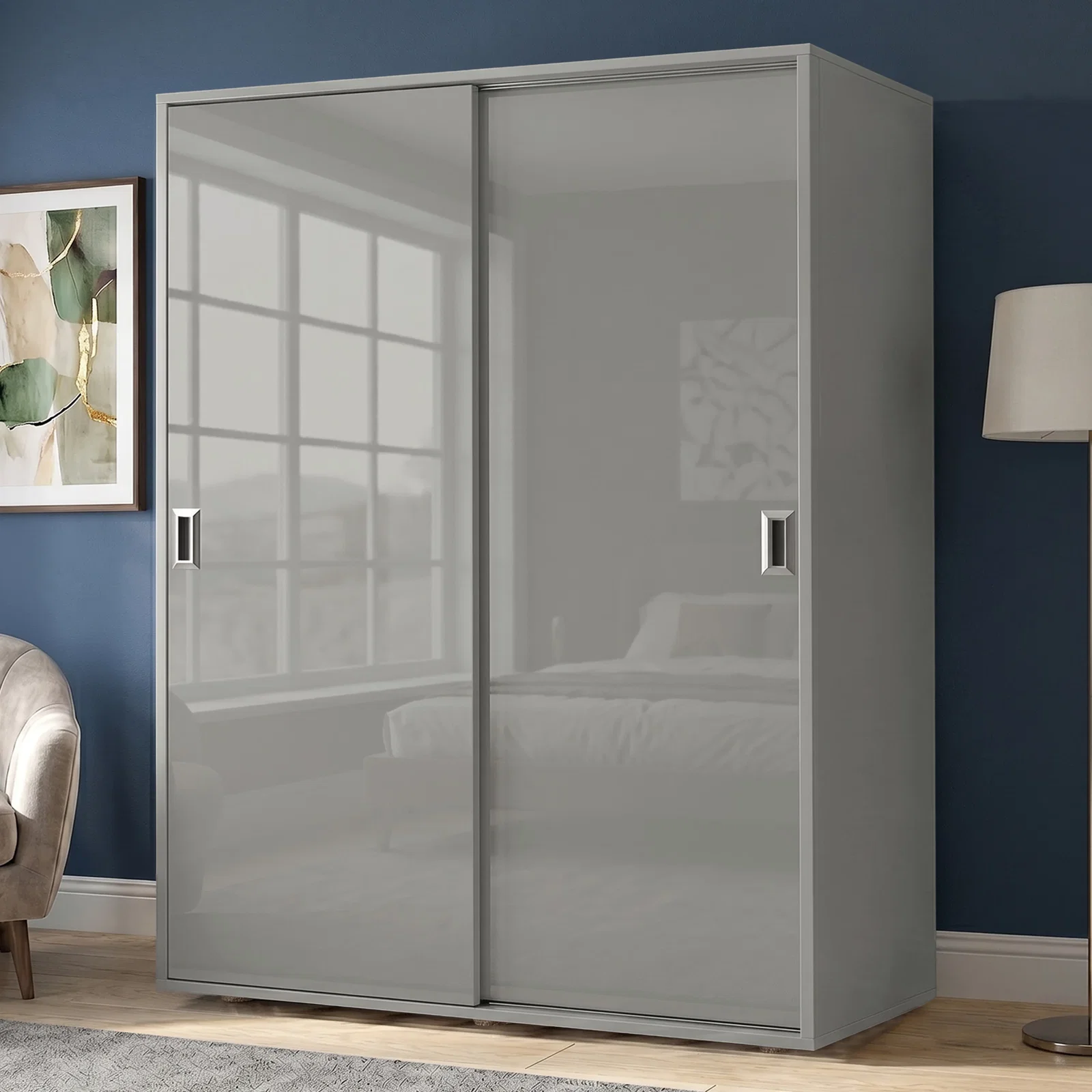 High gloss grey sliding wardrobe in a bedroom