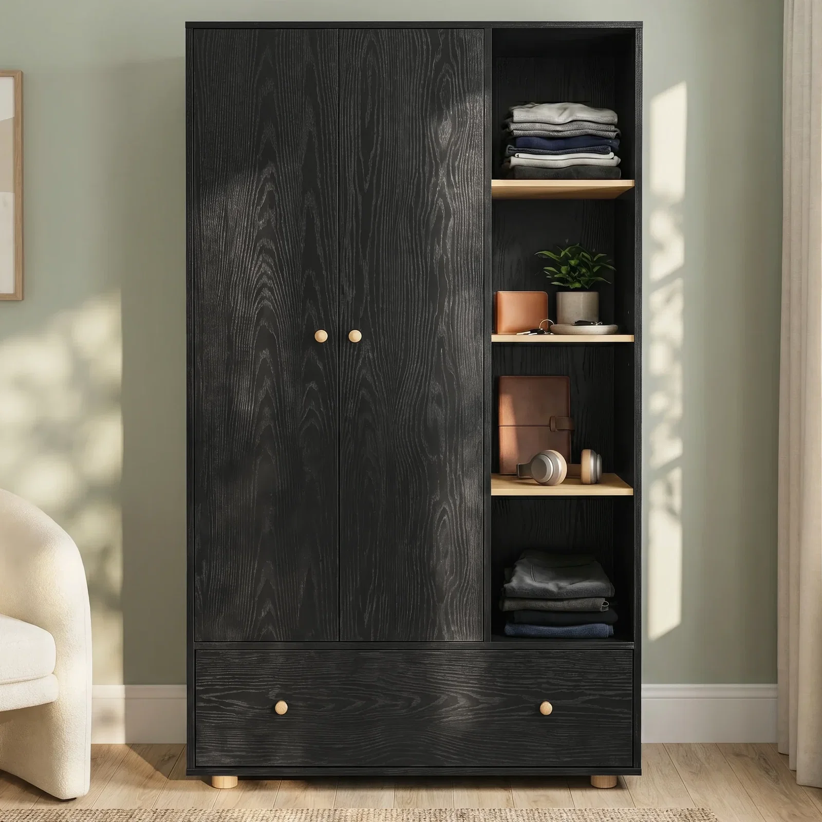 Black wardrobe with shelves and drawer