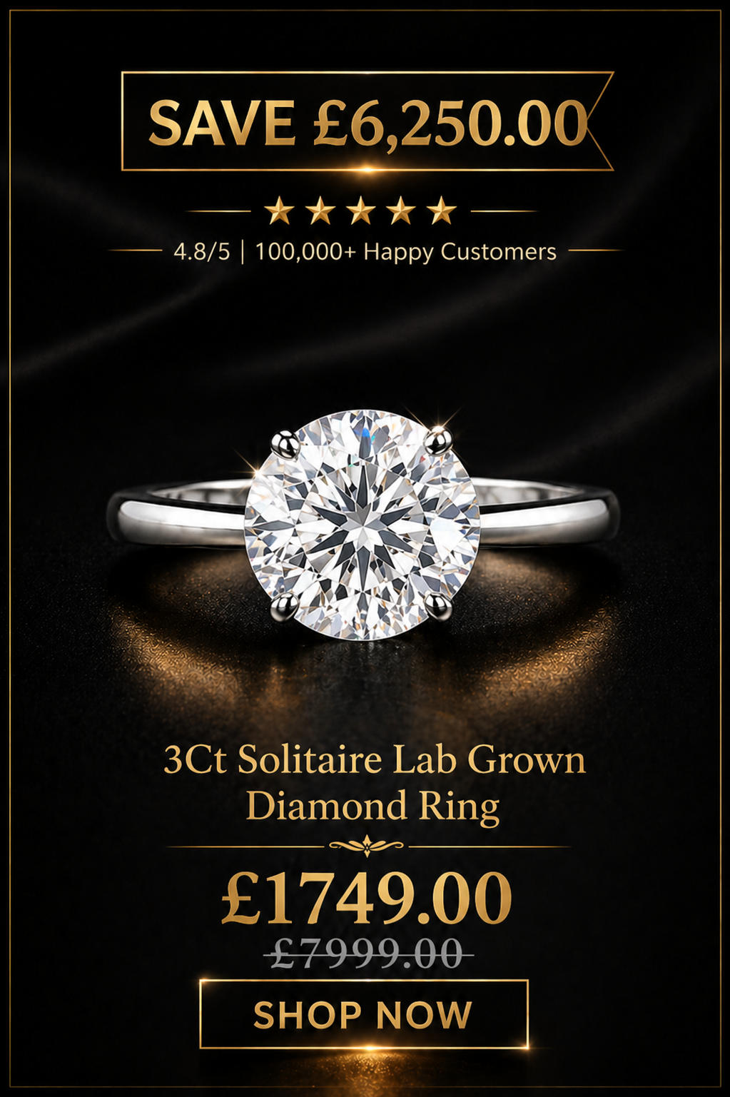 3Ct Solitaire Lab Grown Diamond Ring