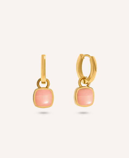 Pale Pink Opal Cushion Huggie Earrings (Gold)