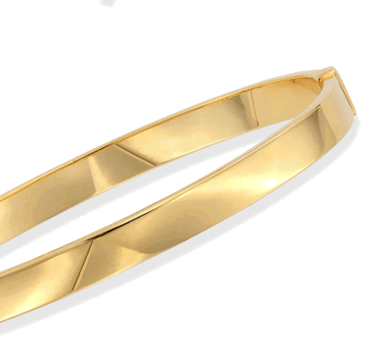 Yellow gold bangle bracelet with polished crossover design.