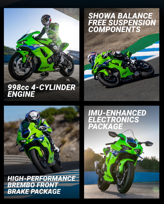 Four-panel promotional collage of a bright green Kawasaki Ninja sport motorcycle, highlighting a 998cc 4-cylinder engine, Showa suspension components, Brembo front brakes, and an IMU-enhanced electronics package