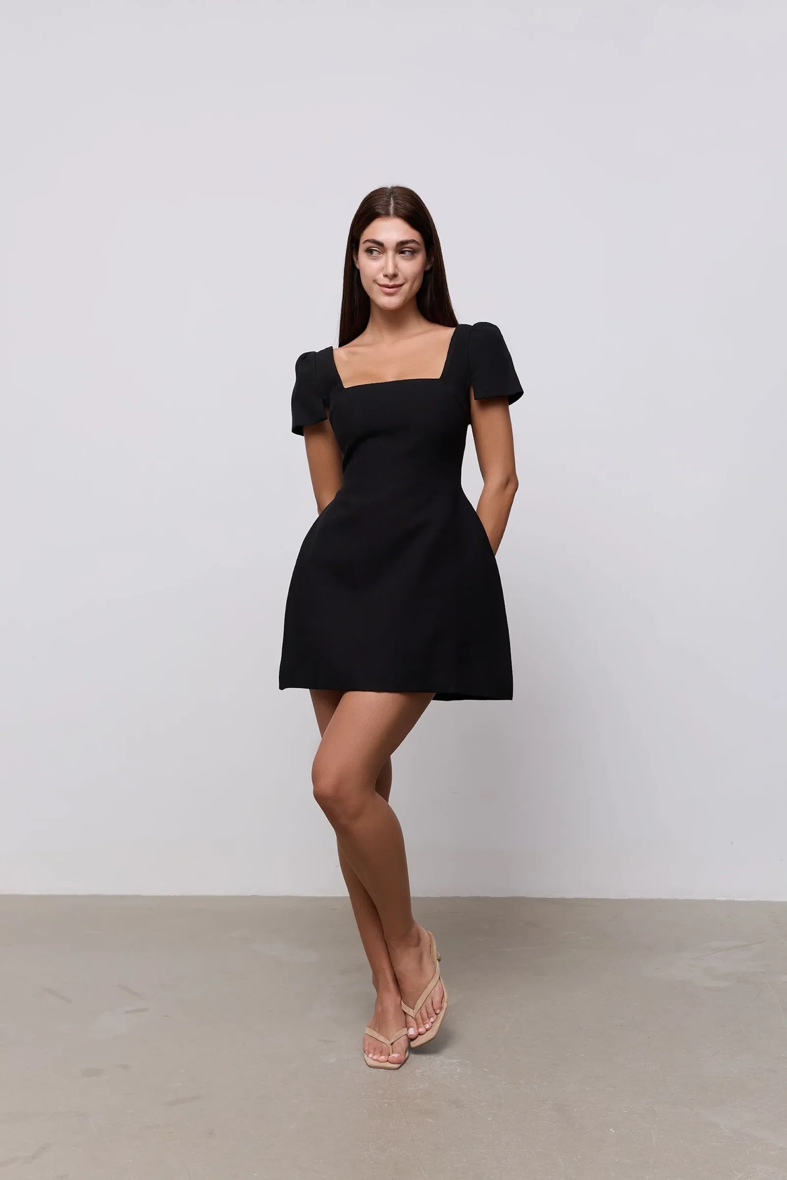 Image of Linen Mix Square Neck Mini Dress