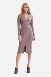 Ribbed V Neck Midi Fitted Dress with Slit