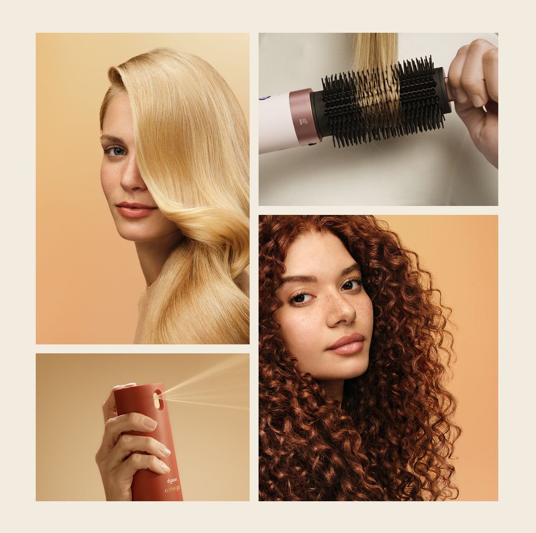 Hair brushed with the Airwrap Round volumising brush, Dyson Omega spray is sprayed, and a pair of models show off their hair.